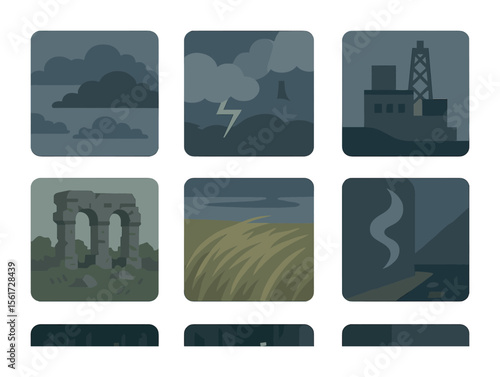 Dramatic Backdrop Icons. Flat icon set of dramatic portrait backdrops: moody sky, storm clouds, industrial