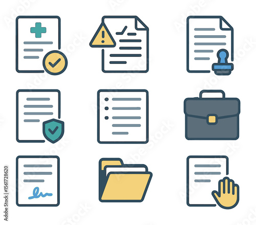 Healthcare Legal Icons. Flat icon set of healthcare legal documents: medical waiver, liability form, notarized