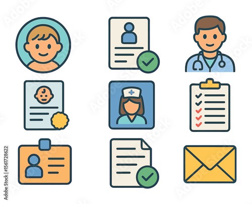 Pediatric Permissions Icons. Flat icon set of pediatric medical permissions: child profile, parent consent