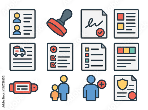 Emergency Icon Set. Flat icon set of emergency care consent forms: emergency contact list, urgent stamp, quick