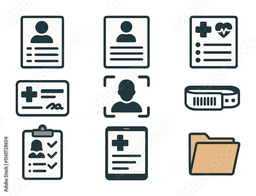 Hospital Document Icons. Flat icon set of hospital intake documents: patient form, contact info sheet, health