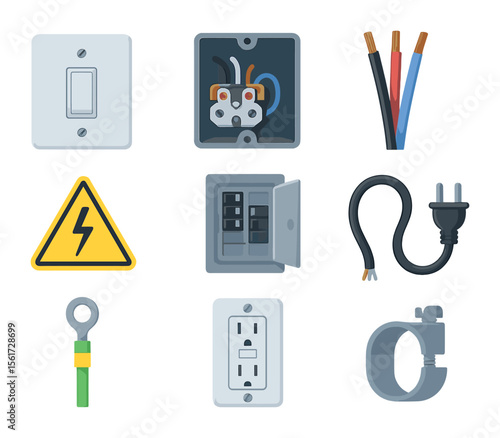 Home Electrical Icons. Flat icon set of home electrical repair: light switch, open outlet box, exposed wires,