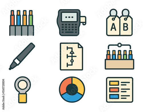 Wire Identification Icons. Flat icon set of wire identification and labeling: color-coded wires, label maker,