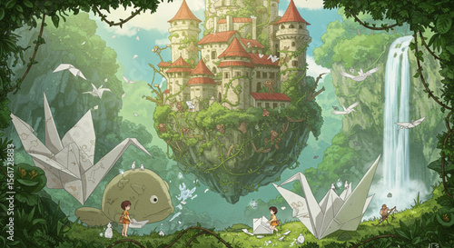 Enchanted Castle on Floating Island with Origami Birds A Whimsical Adventure in a Lush Green Paradise