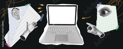 Halftone Cutout Collage with Hands Ear Eye Torn Paper and Laptop
