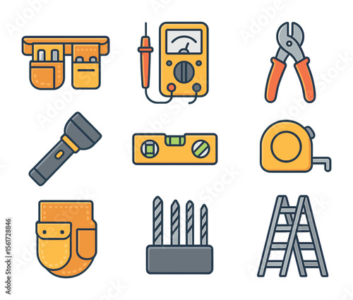 Electrician's Toolkit Icons. Flat icon set of electrician’s kit: tool belt, voltage meter, cable cutter,