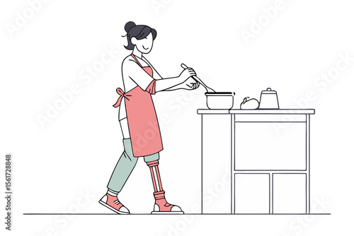 Woman Cooking: A determined woman with a prosthetic leg, wearing an apron, stirs food in a pot, embodying resilience and everyday life. A beautiful image of female empowerment and inspiration.