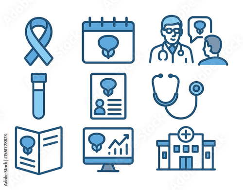 Prostate Health Icons. Flat icon set of prostate health awareness: prostate ribbon, awareness calendar, doctor