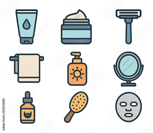 Male Skincare Icons. Flat icon set of male skincare routine: face wash tube, moisturizer jar, shaving razor,