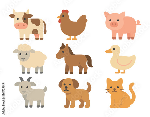 Farmyard Animals Icons. Flat icon set of farmyard animals: cow, chicken, pig, sheep, horse, duck, goat, dog,