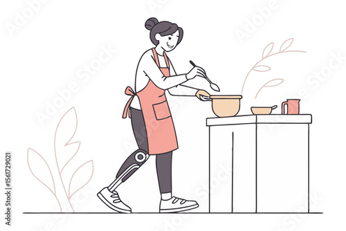 Culinary Craft and Determination: A determined individual with a prosthetic leg skillfully stirs a pot, capturing the essence of everyday resilience.