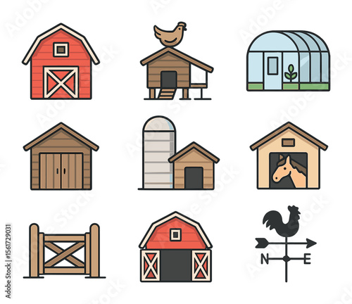 Farm Structure Icons. Flat icon set of farm structures: barn, chicken coop, greenhouse, storage shed, silo,