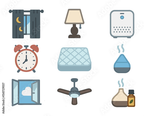 Sleep Setup Icons. Flat icon set of sleep environment setup: blackout curtains, bedside lamp, air purifier,
