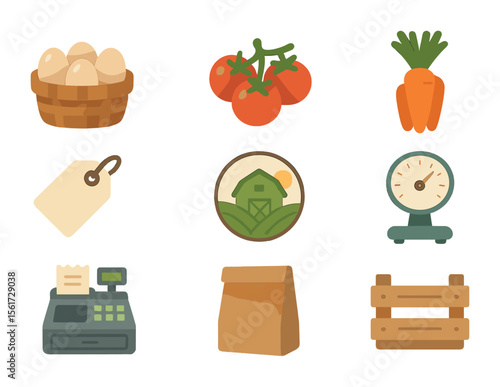 Farm Produce Icons. Flat icon set of farm produce market: basket of eggs, tomato bunch, carrot bunch, price