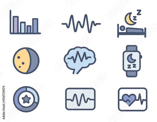 Sleep Stages Icons. Flat icon set of sleep stages monitoring: sleep chart, REM wave, deep sleep icon, light