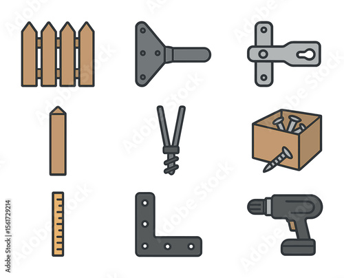 Fence Building Icons. Flat icon set of fence and gate building: wood panel, gate hinge, lock latch, fence post