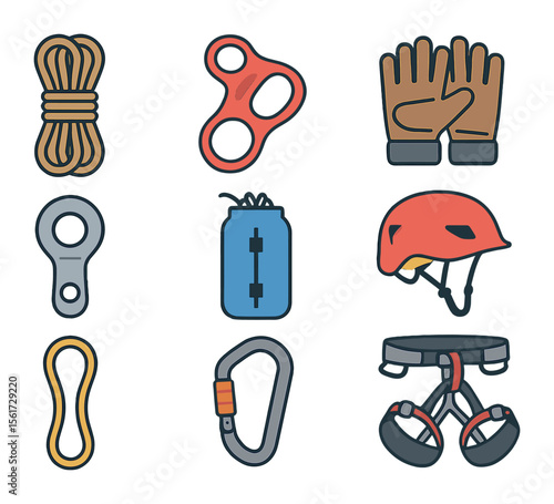 Rappelling Gear Icons. Flat icon set of rappelling equipment: rope, belay device, rappel gloves, anchor point,