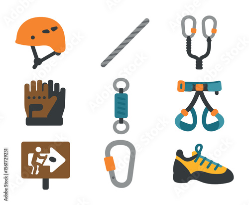 Via Ferrata Gear Icons. Flat icon set of via ferrata equipment: helmet, steel cable, lanyard, energy absorber,