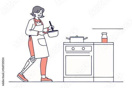 Empowered Culinary Journey: A determined woman with a prosthetic leg, fully embraces her culinary passion, confidently stirring a pot in a meticulously illustrated kitchen scene.
