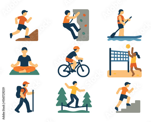 Outdoor Fitness Icons. Flat icon set of outdoor fitness activities: trail running, rock climbing, paddle