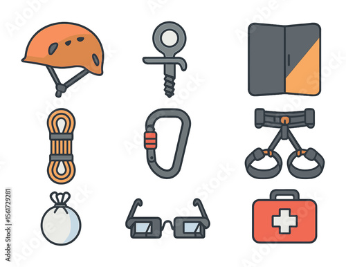 Climbing Gear Icons. Flat icon set of climbing safety essentials: helmet, anchor bolt, crash pad, dynamic rope
