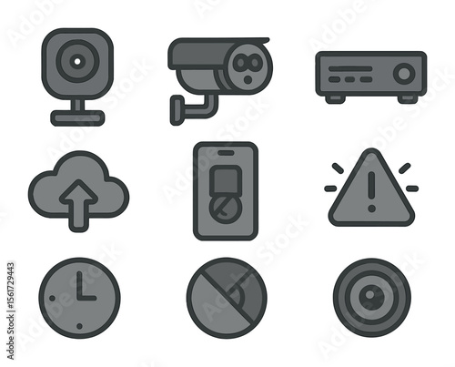 Home Surveillance Icons. Flat icon set of surveillance tools for small homes: indoor camera, night vision cam,