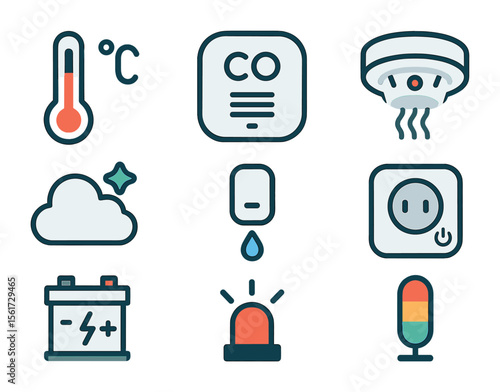 Home Monitoring Icons. Flat icon set of home monitoring accessories: temperature sensor, carbon monoxide
