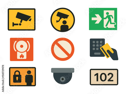 Apartment Safety Icons. Flat icon set of apartment safety signage: CCTV sign, “under surveillance” icon,