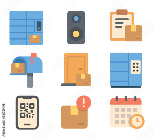 Secure Delivery Icons. Flat icon set of secure delivery features: parcel locker, video doorbell, delivery log,