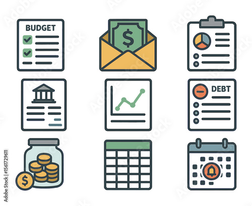Personal Finance Icons. Flat icon set of personal finance planning: budget sheet, cash envelope, expense