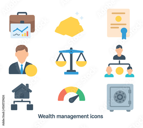 Wealth Management Icons. Flat icon set of wealth management: portfolio chart, gold bar, trust document, vault,