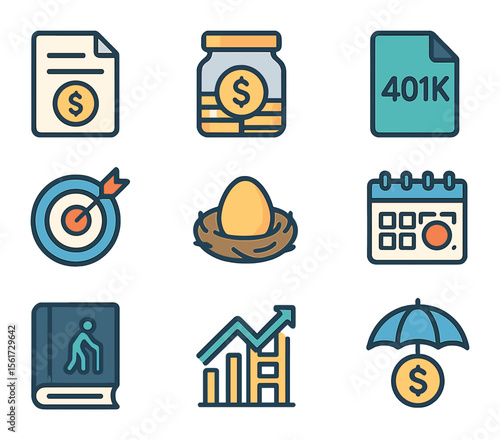 Retirement Planning Icons Set. Flat icon set of retirement planning: pension document, savings jar, 401k file,