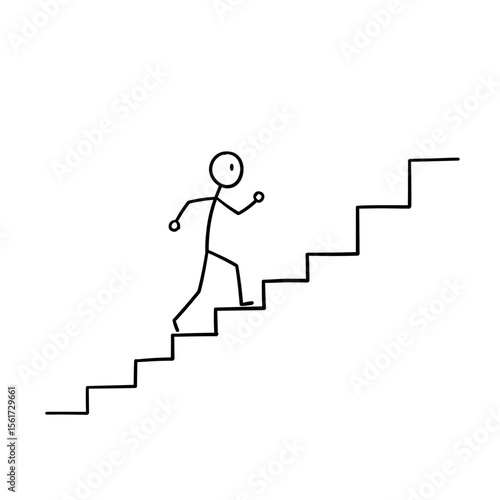 Stick figure running up stairs in simple black line art  