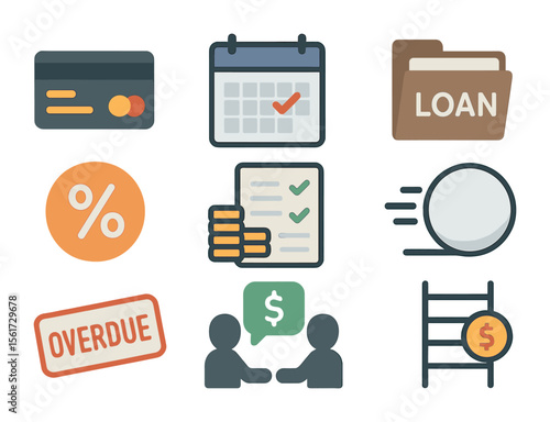 Debt Management Icons. Flat icon set of debt management strategies: credit card, payment calendar, loan folder