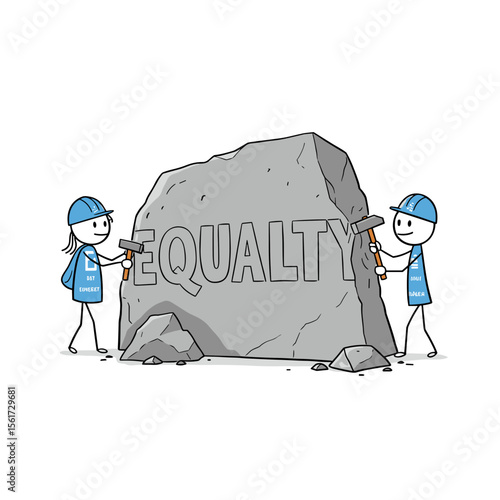 Two stick figures chiseling the word "EQUALITY" on a rock  
