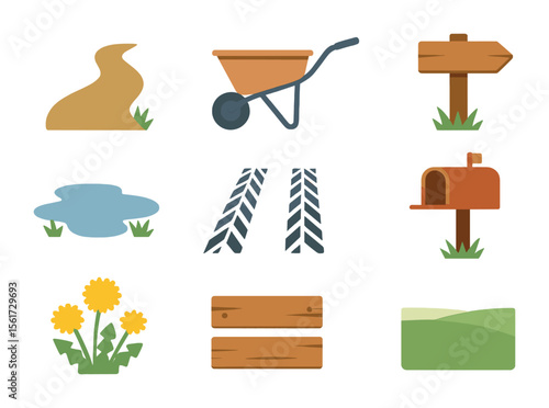Country Road Icon Set. Flat icon set of country road scenery: gravel path, wheelbarrow, rural signpost, puddle