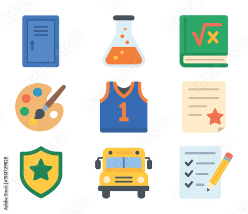 Secondary Education Icons. Flat icon set of secondary education journey: school locker, science beaker, math