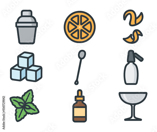 Zero-Proof Bar Icons. Flat icon set of zero-proof bar essentials: cocktail shaker, citrus slice, drink garnish