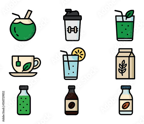 Healthy Drink Icons. Flat icon set of healthy drink alternatives: coconut water, protein shake, green juice,