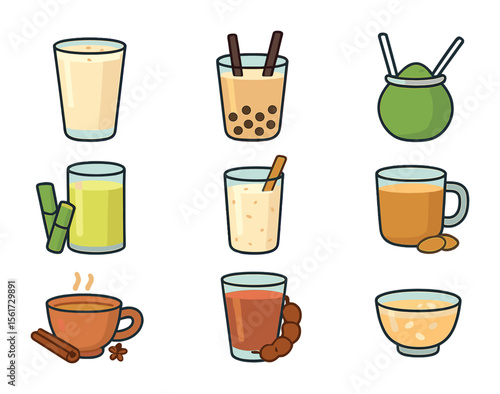 Global Non-Alcoholic Drinks. Flat icon set of global non-alcoholic drinks: lassi glass, boba tea, yerba mate,