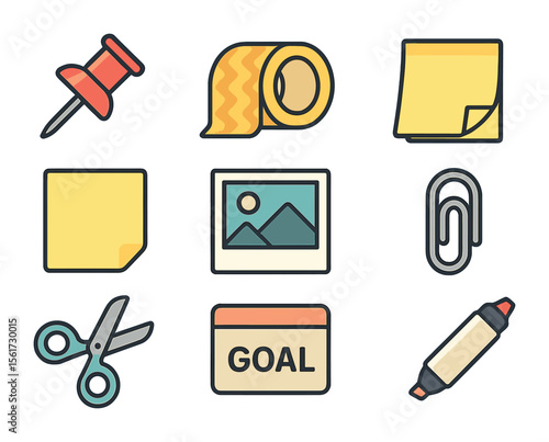 Creative Icon Grid. Flat icon set of inspiration board materials: push pin, washi tape, sticky notes, photo