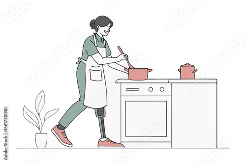 Culinary Craft: A woman, her gaze focused, gracefully stirring a simmering pot on the stovetop in a minimalist, line-art style depiction of culinary activity, showcasing cooking