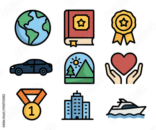Dream Iconography Grid. Flat icon set of long-term dreams: world globe, bestselling book, award ribbon, luxury
