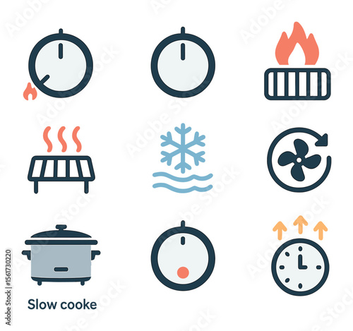 Cooking Temperature Icons. Flat icon set of cooking temperature settings: low heat dial, medium heat knob,