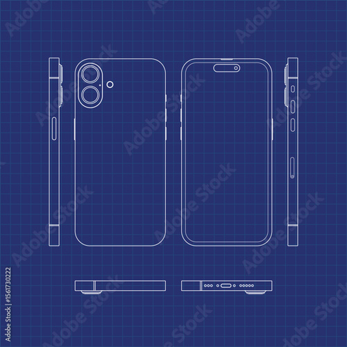 Smartphone Blueprint Vector Technical Drawing on Grid