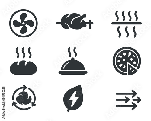 Oven Function Icons. Flat icon set of oven function labels: convection icon, rotisserie symbol, broil icon,