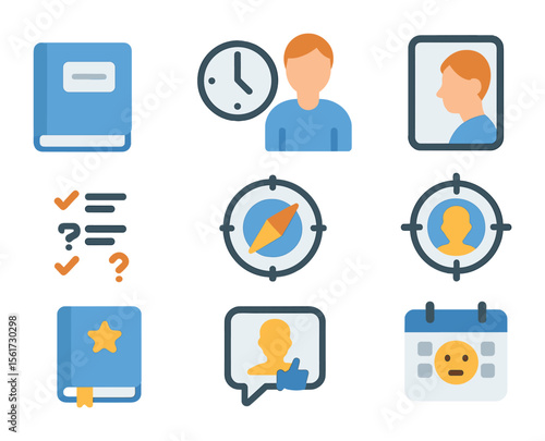 Introspection Icon Set. Flat icon set of introspection and self-check-ins: diary, clock and person, reflective