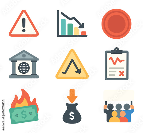 Debt Crisis Icons. Flat icon set of debt crisis elements: danger icon, collapsing bar chart, national debt