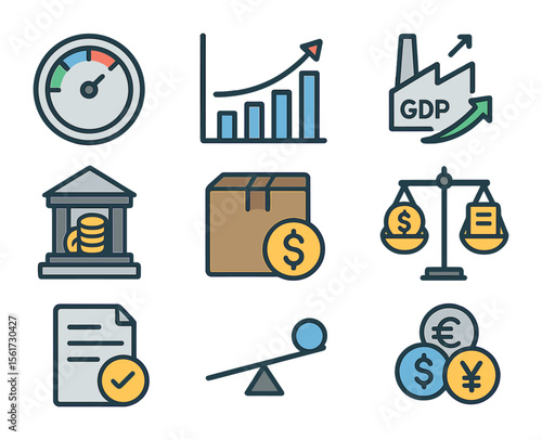 Economic Policy Icons. Flat icon set of economic policy tools: interest rate dial, inflation chart, GDP icon,