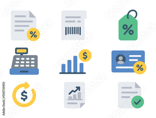 Taxation Icon Set. Flat icon set of taxation and revenue: tax return document, barcode receipt, VAT tag, cash
